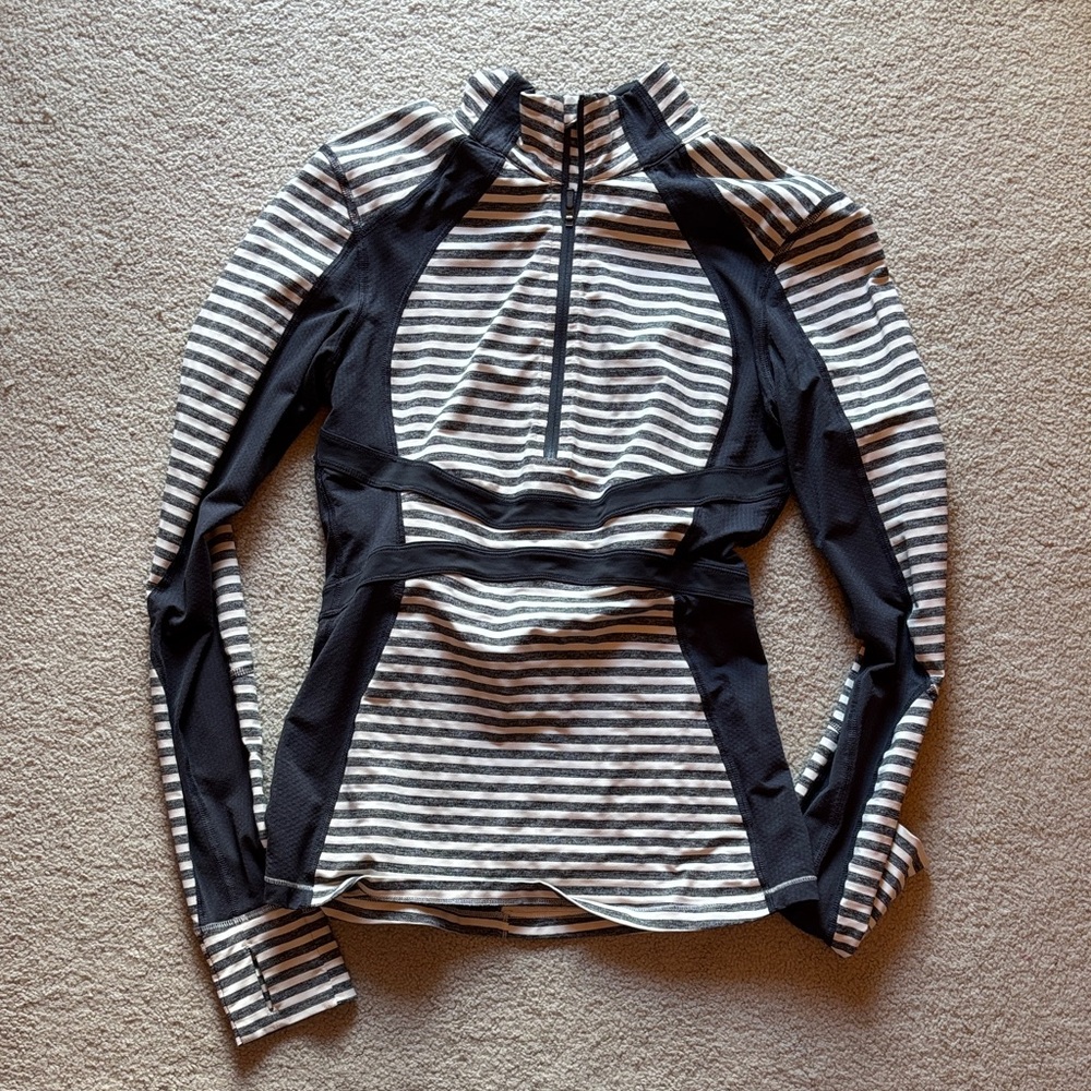Lululemon Striped Black & White Long-Sleeve Active Zip Top